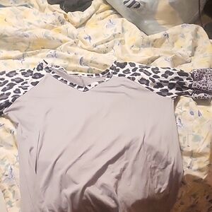 SHEIN Light Gray Blouse with Black Leopard Sleeves